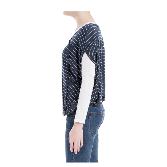 Max Studio London Womens Top Striped Bubble Hem Shirt Blue White M - Picture 2 of 8